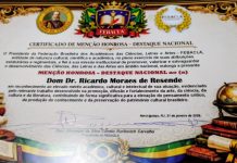 Certificado de Menção Honrosa – Destaque Nacional da FEBACLA a Dom Dr. Ricardo Moraes de Resende